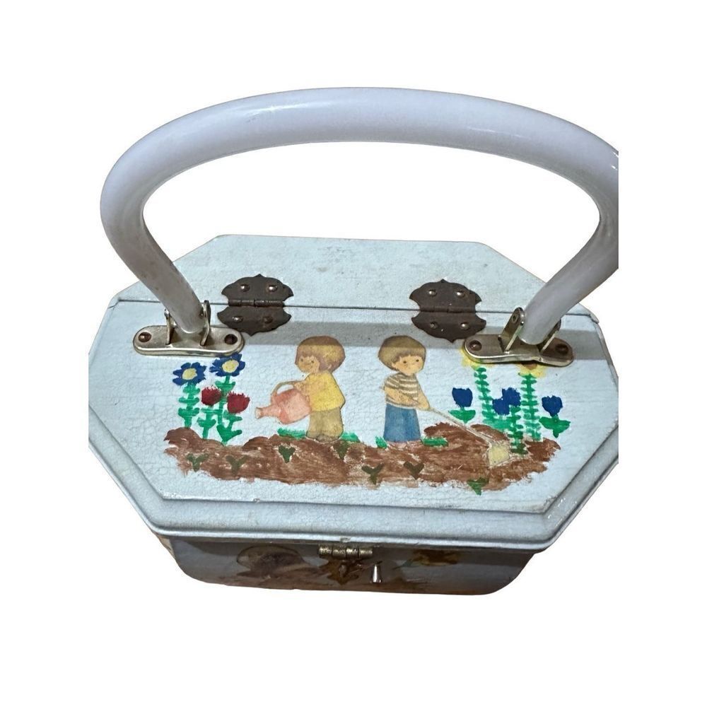 Vintage Hand painted Wood Rectangular Decoupage Handbag Purse Children Floral - Picture 4 of 16
